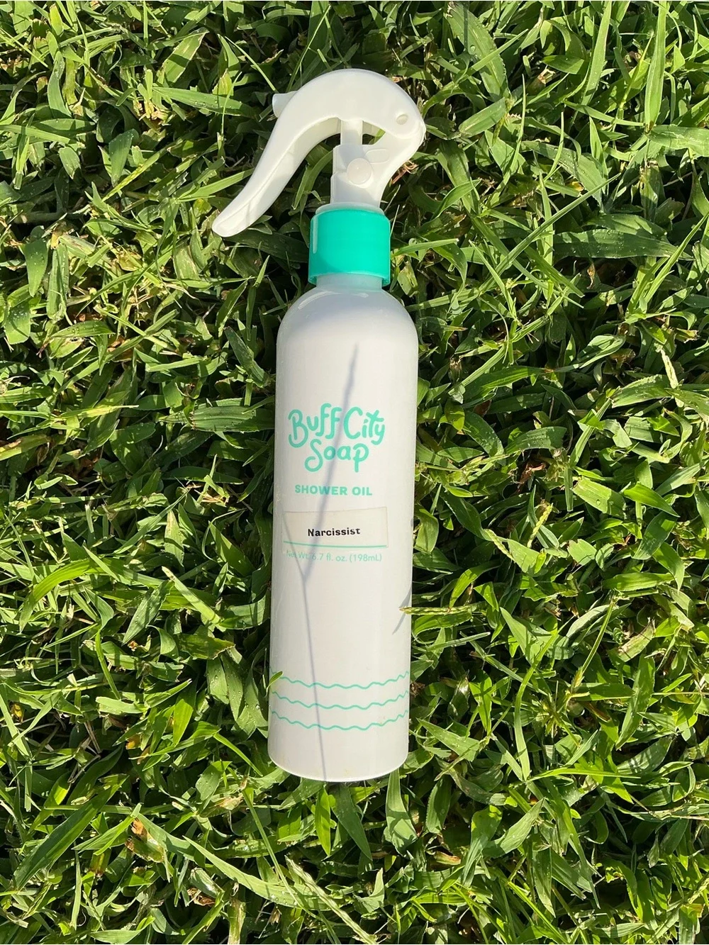 Narcissist Shower Oil — White Bottle with Teal Accents